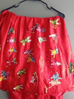 Vintage Chinese Red Silk Embroidered 100 Children Baby Quilt and Pillowcase Set